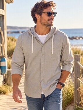 Even‎ Tide Men's XL Organic Cotton Hooded Button Down Shirt Gray